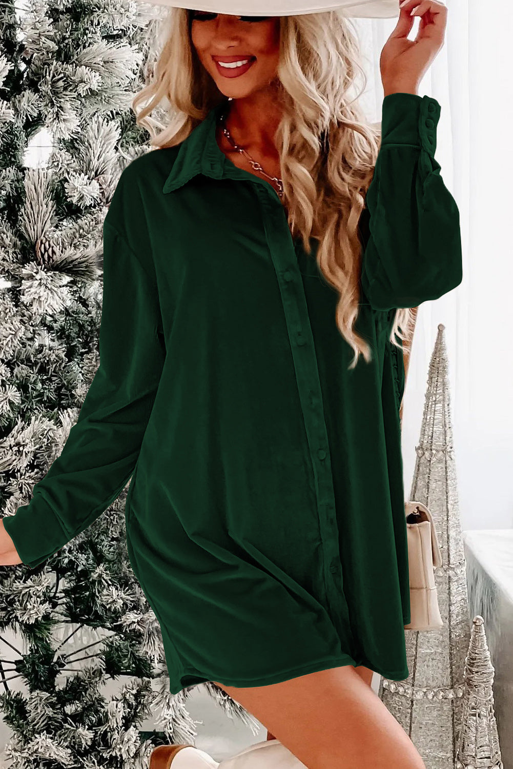 Velvet Button Front Shirt Dress, S-2XL