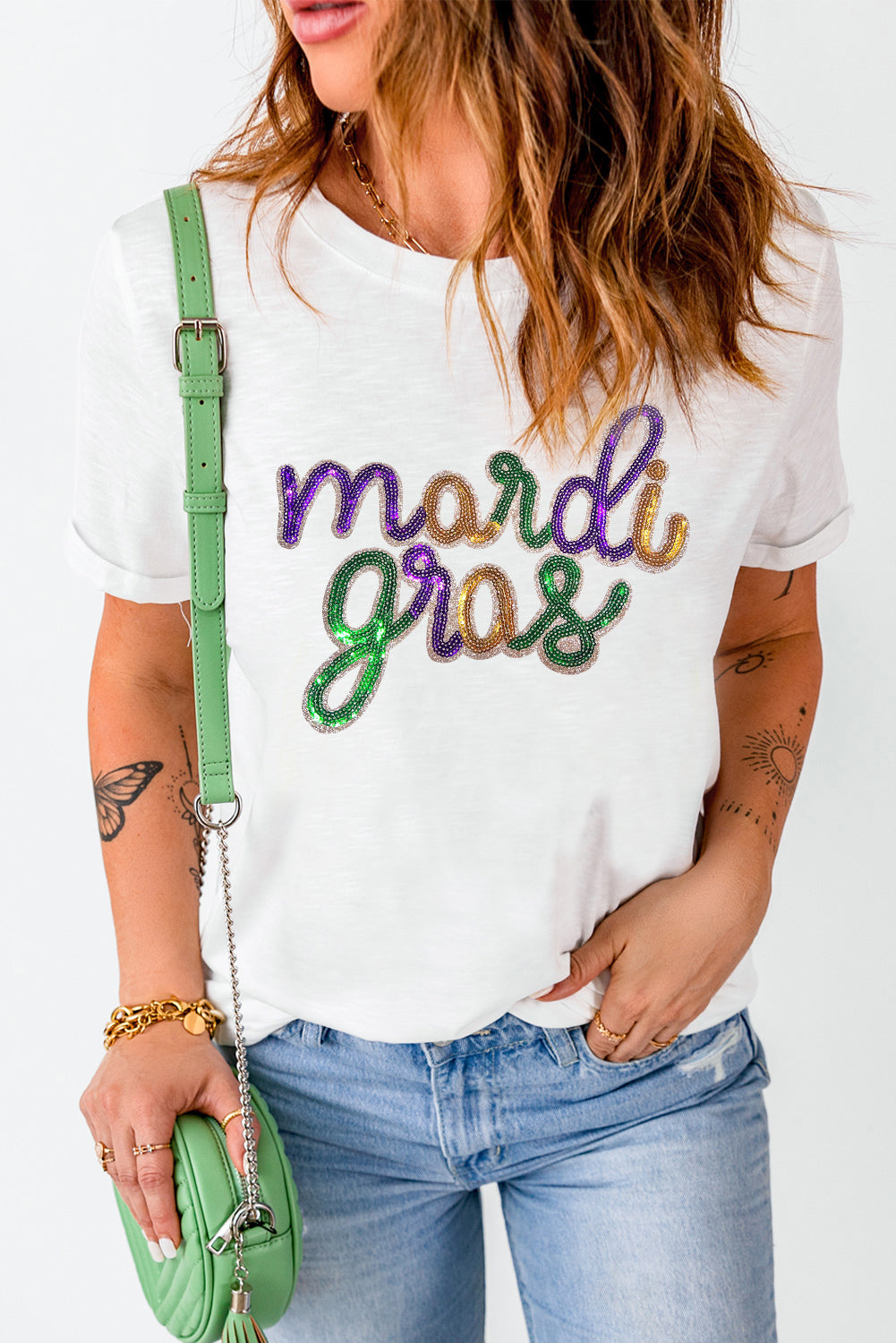 Here For The Mardi White Sequin Mardi Gras T Shirt