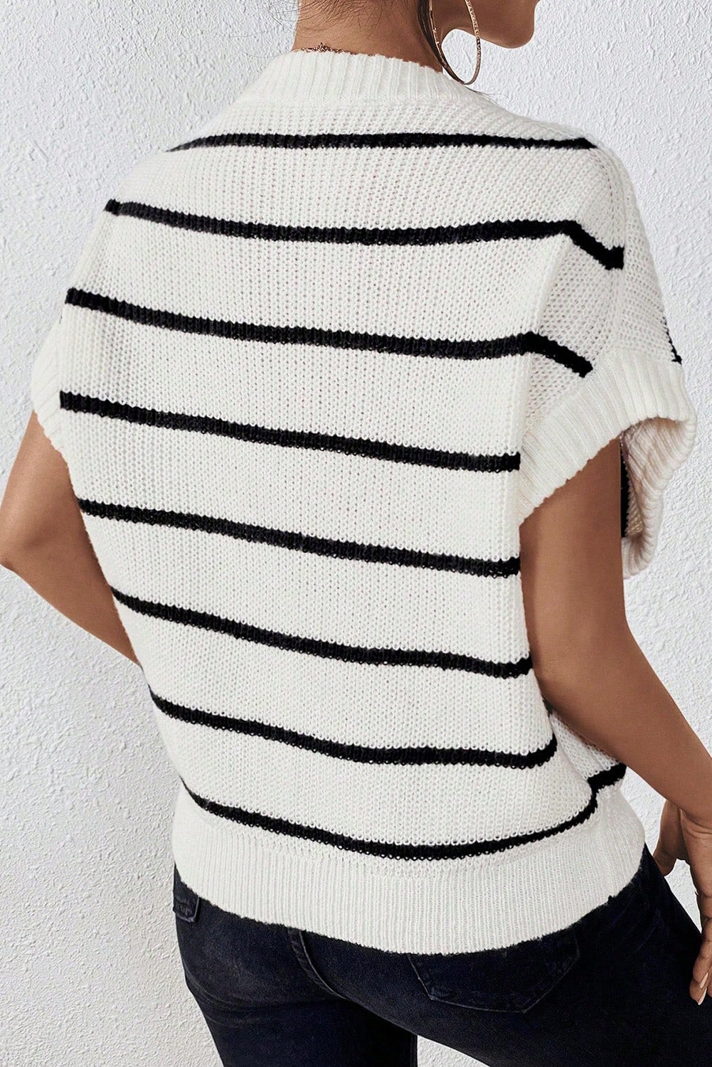 White Striped Pattern Batwing Sleeve Sweater, S-XL