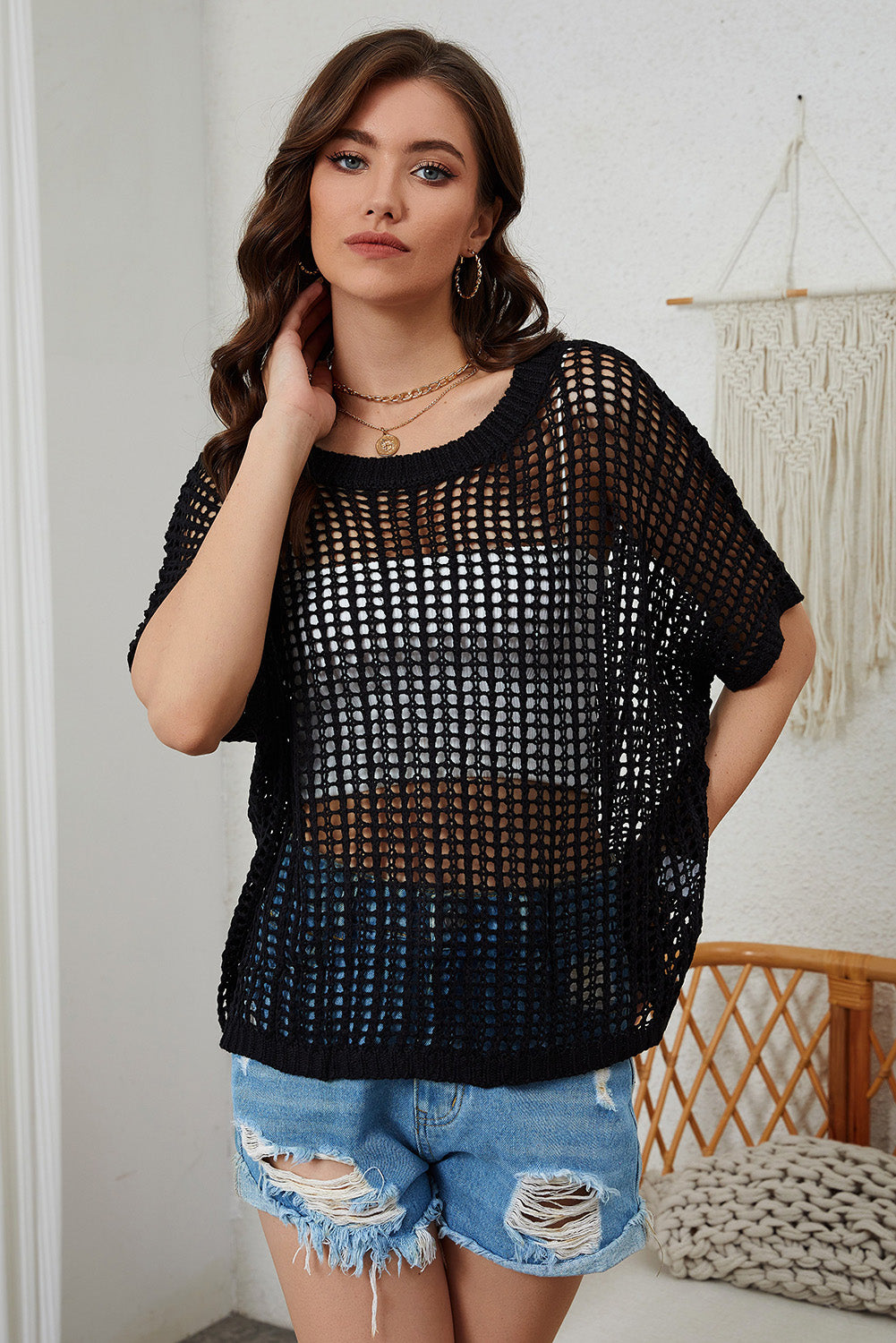 Fishnet Knit Ribbed Round Neck Short Sleeve Sweater Tee, S-3XL, Several color choices!