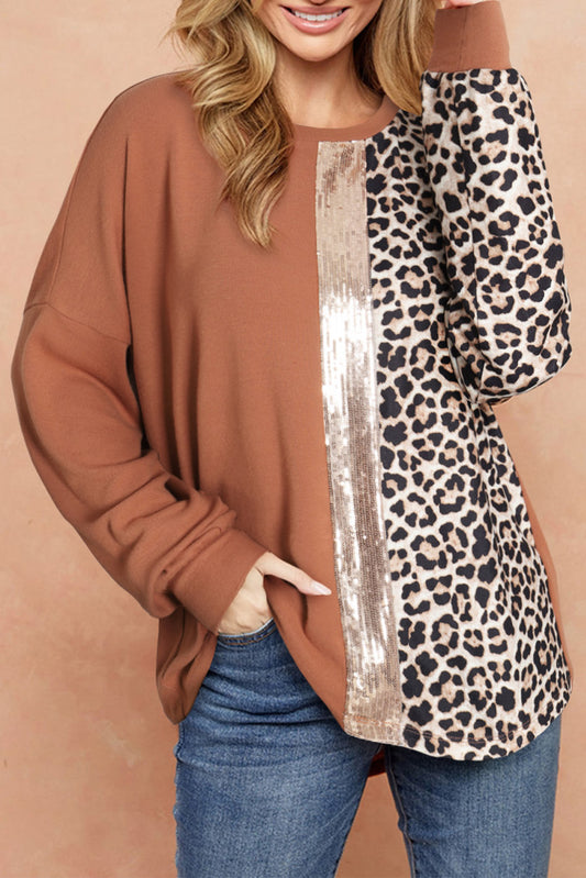 Sequin and Leopard Print Colorblock Long Sleeve Top, S-XL