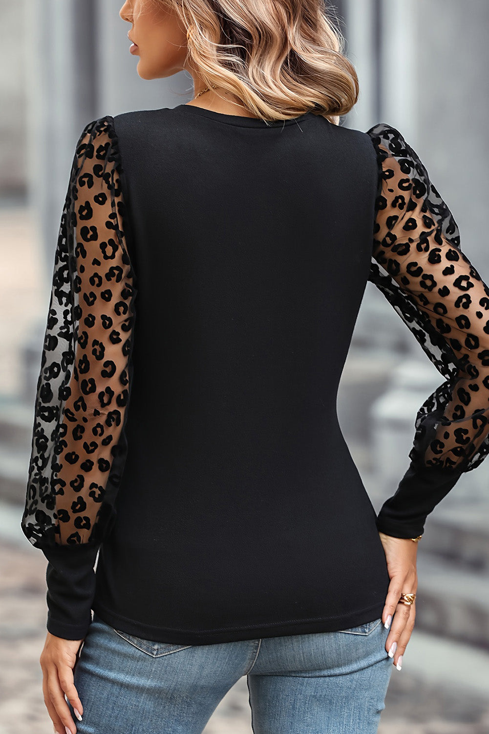 Black Casual Leopard Transparent Peasant Sleeve Shirt, S-2XL