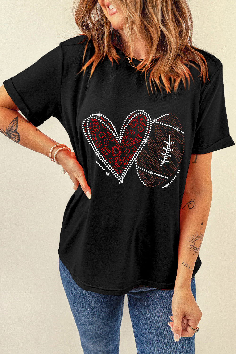 Rhinestone Football Heart Shape Graphic Crewneck T Shirt, S-2XL