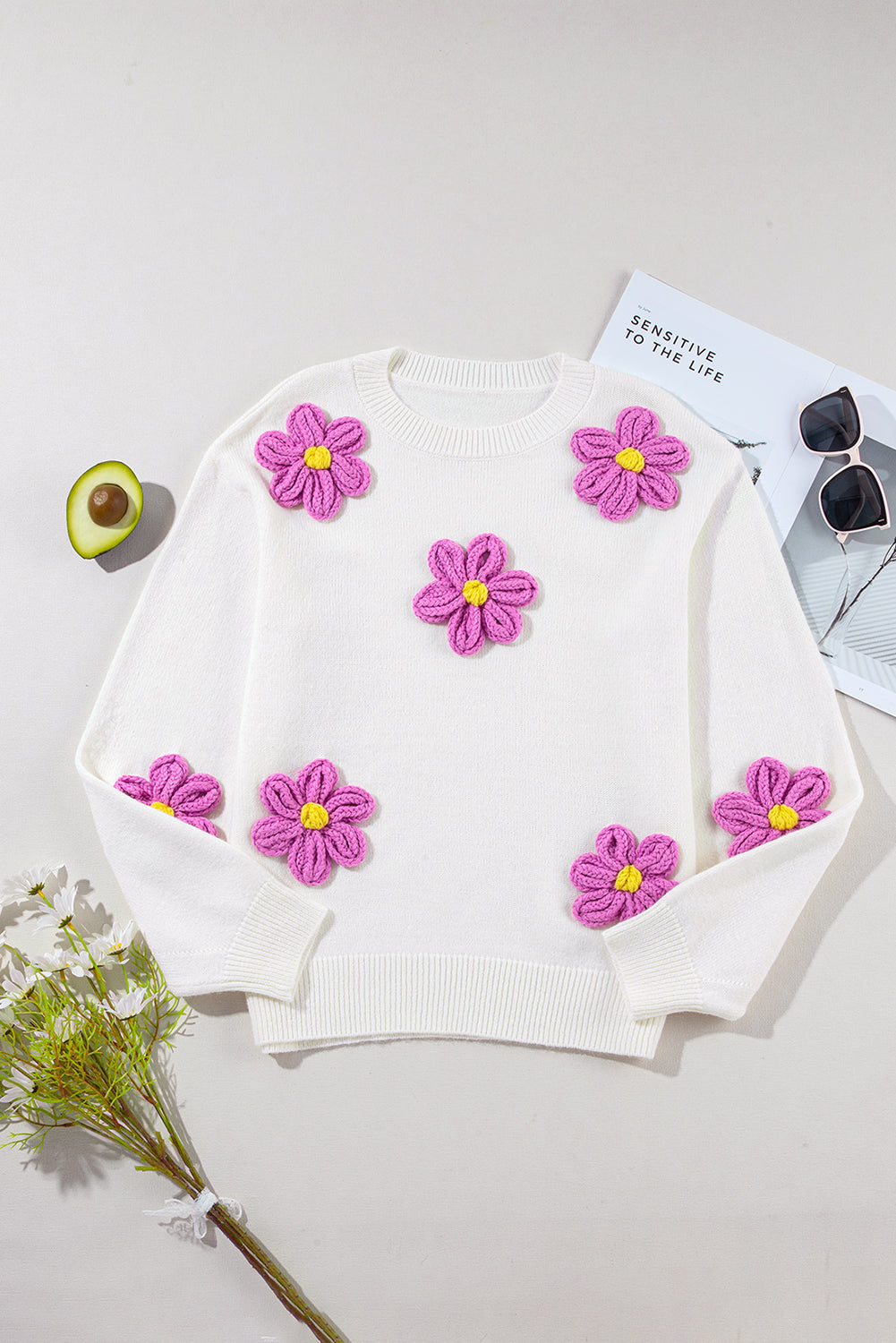 Floral Crochet Chunky Knit Sweater, S-XL