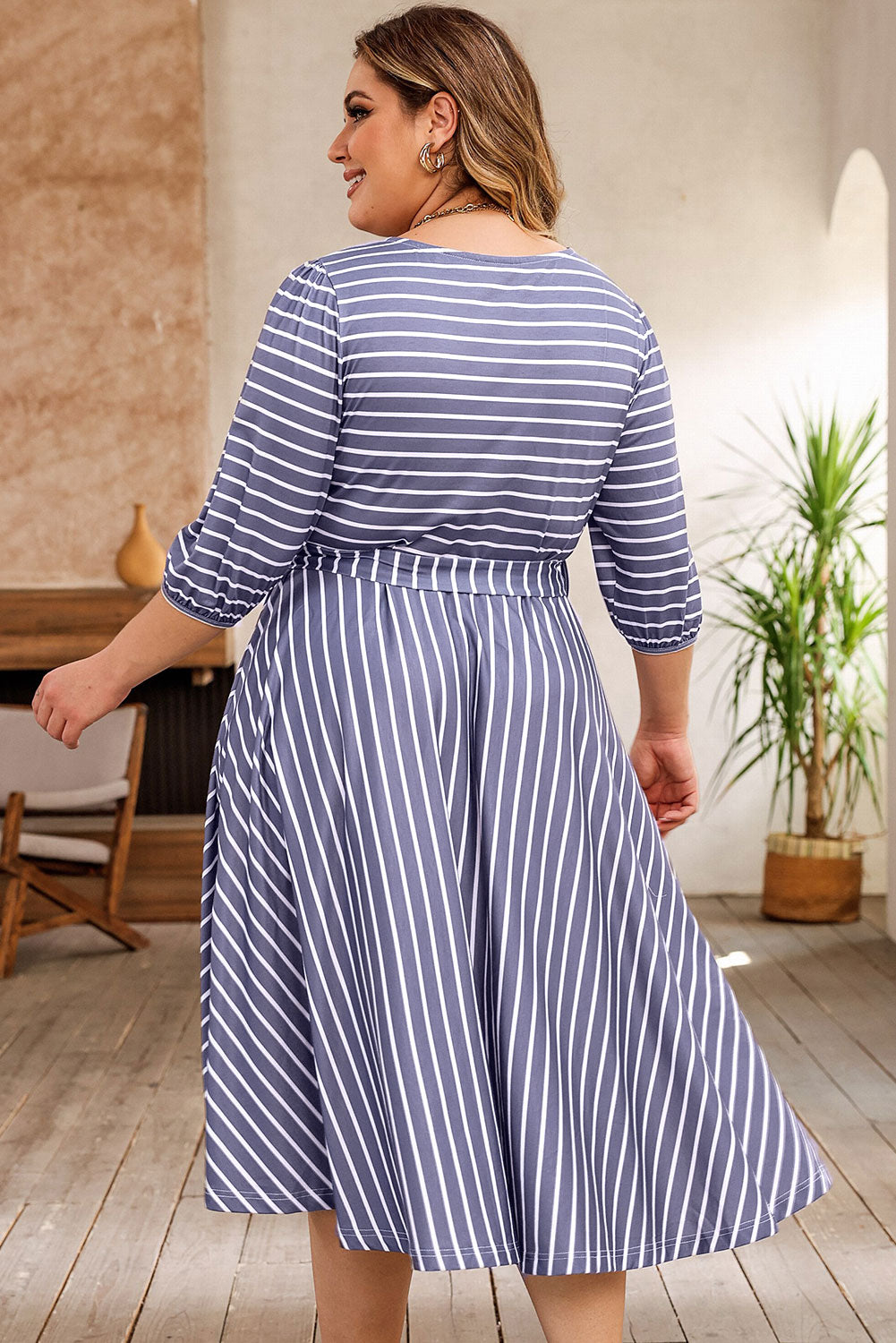 Striped Tie Waist 3/4 Sleeve Dress, 1XL-3XL