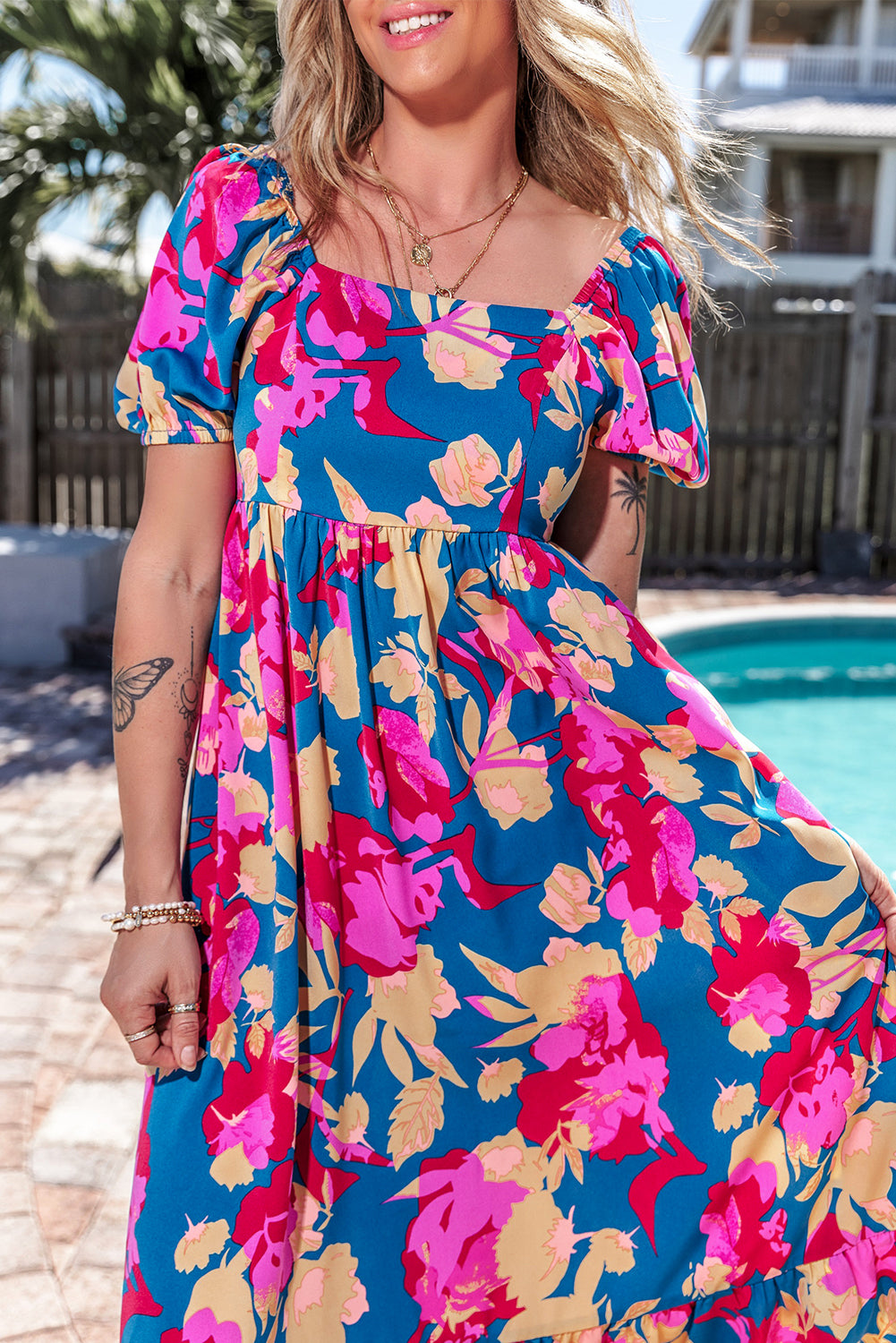 Square Neck Bubble Sleeve Ruffled Floral Dress, S-XL