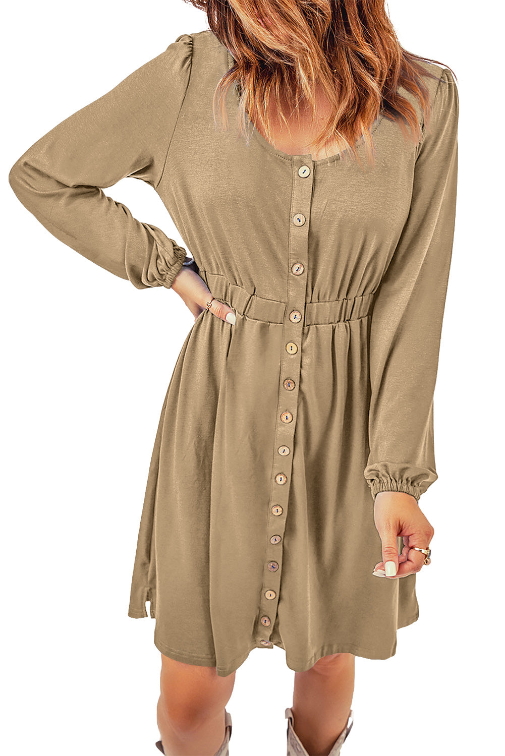 Button Up High Waist Long Sleeve Dress, S-2XL, Several color choices!