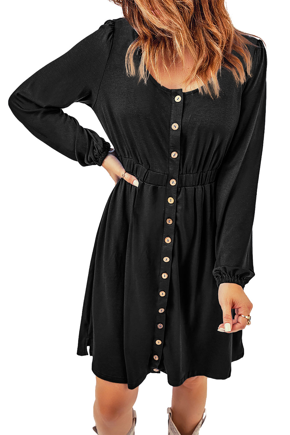 Button Up High Waist Long Sleeve Dress, S-2XL, Several color choices!