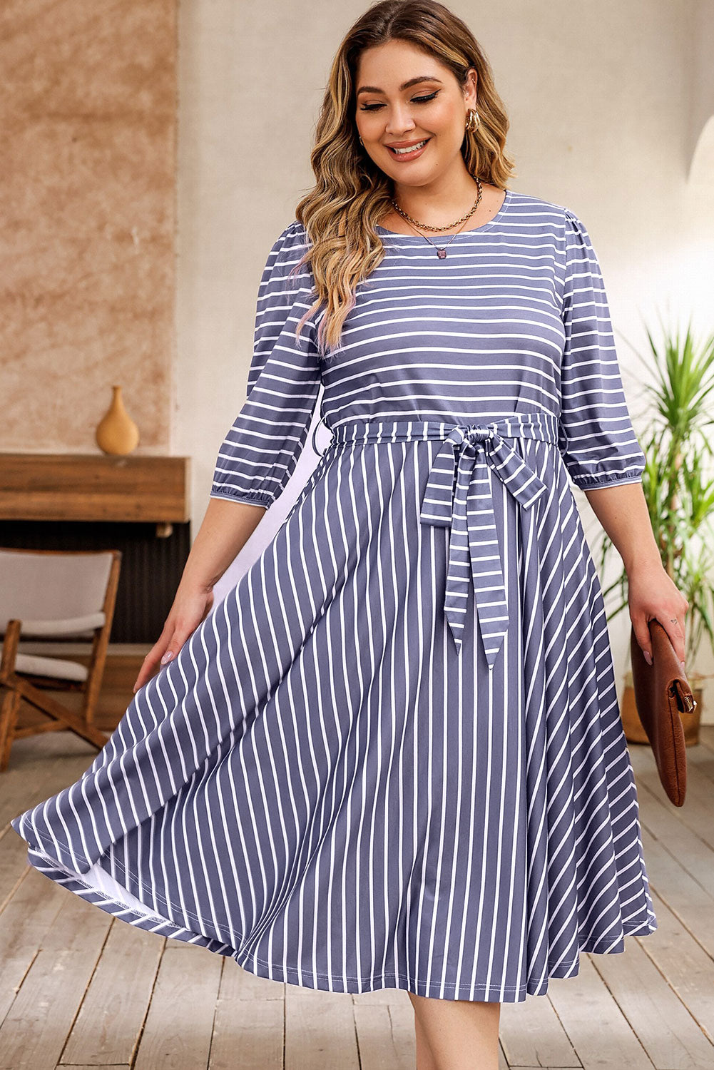 Striped Tie Waist 3/4 Sleeve Dress, 1XL-3XL