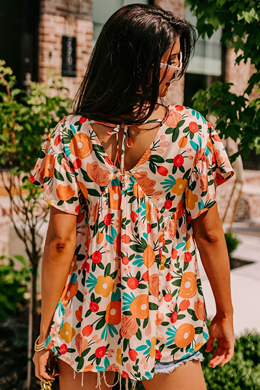 Floral Print Short Sleeve V Neck Tied Back Blouse, S-XL