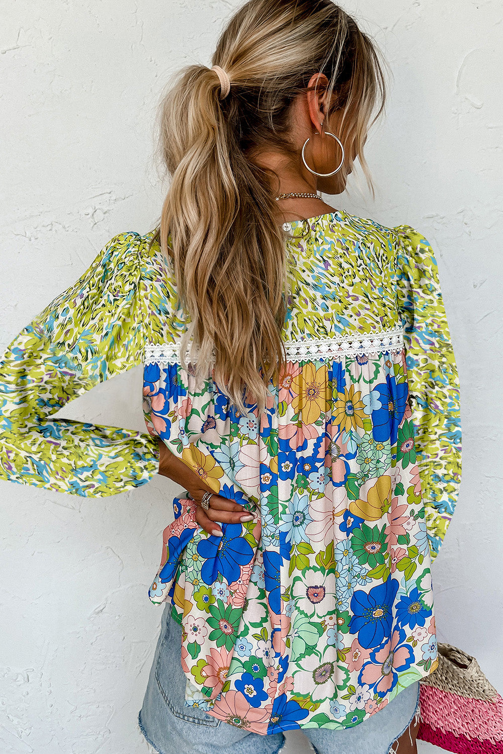 Mixed Floral Print Long Sleeve Blouse, S-2XL