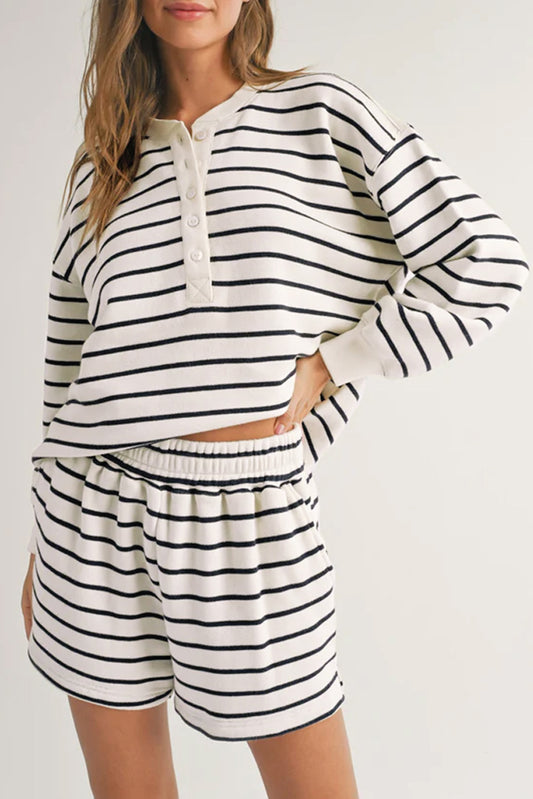 Stripes Printed Half Button Long Sleeve Top and Shorts Set, S-XL