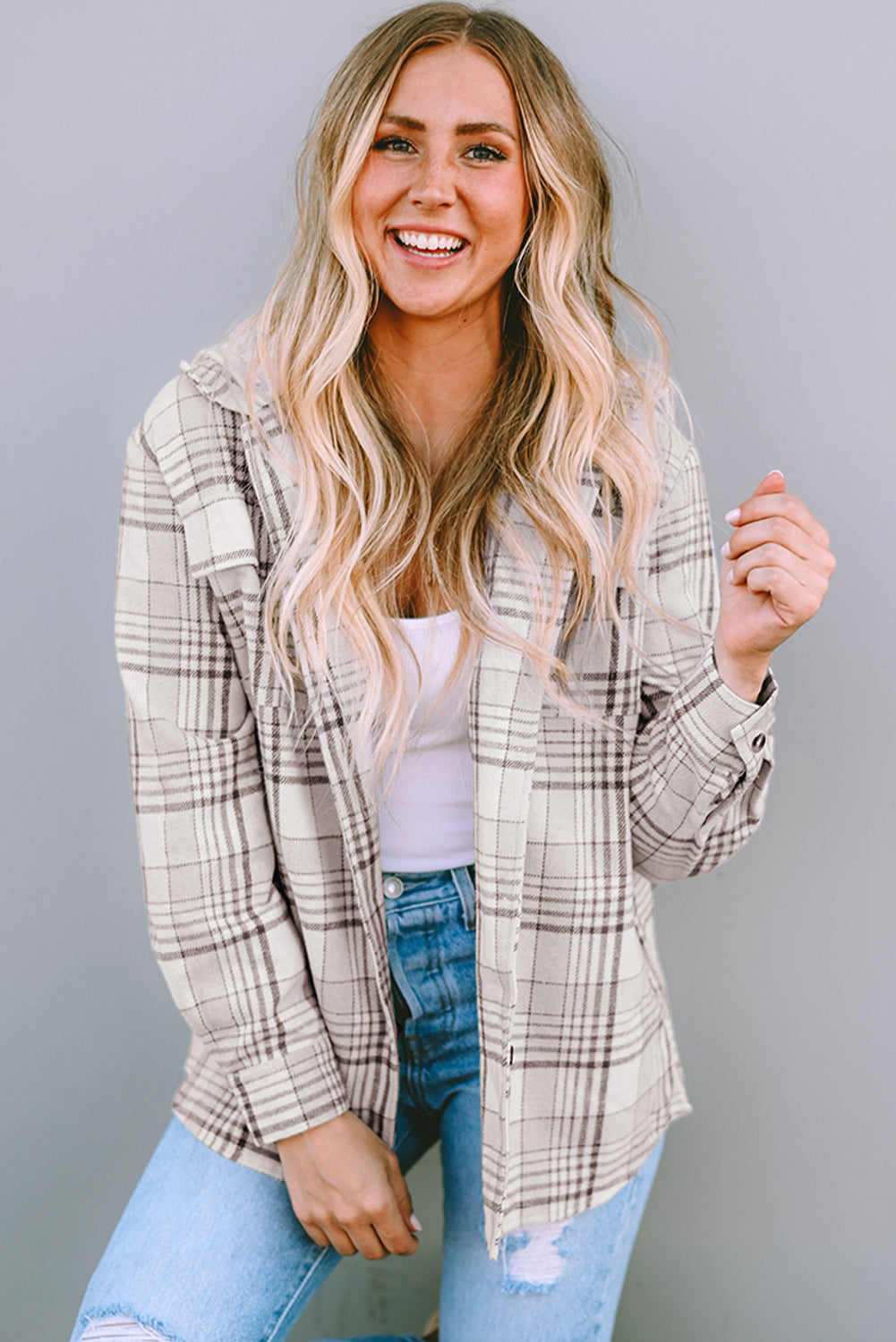 Plaid Removable Hood Buttoned Shacket, S-2XL