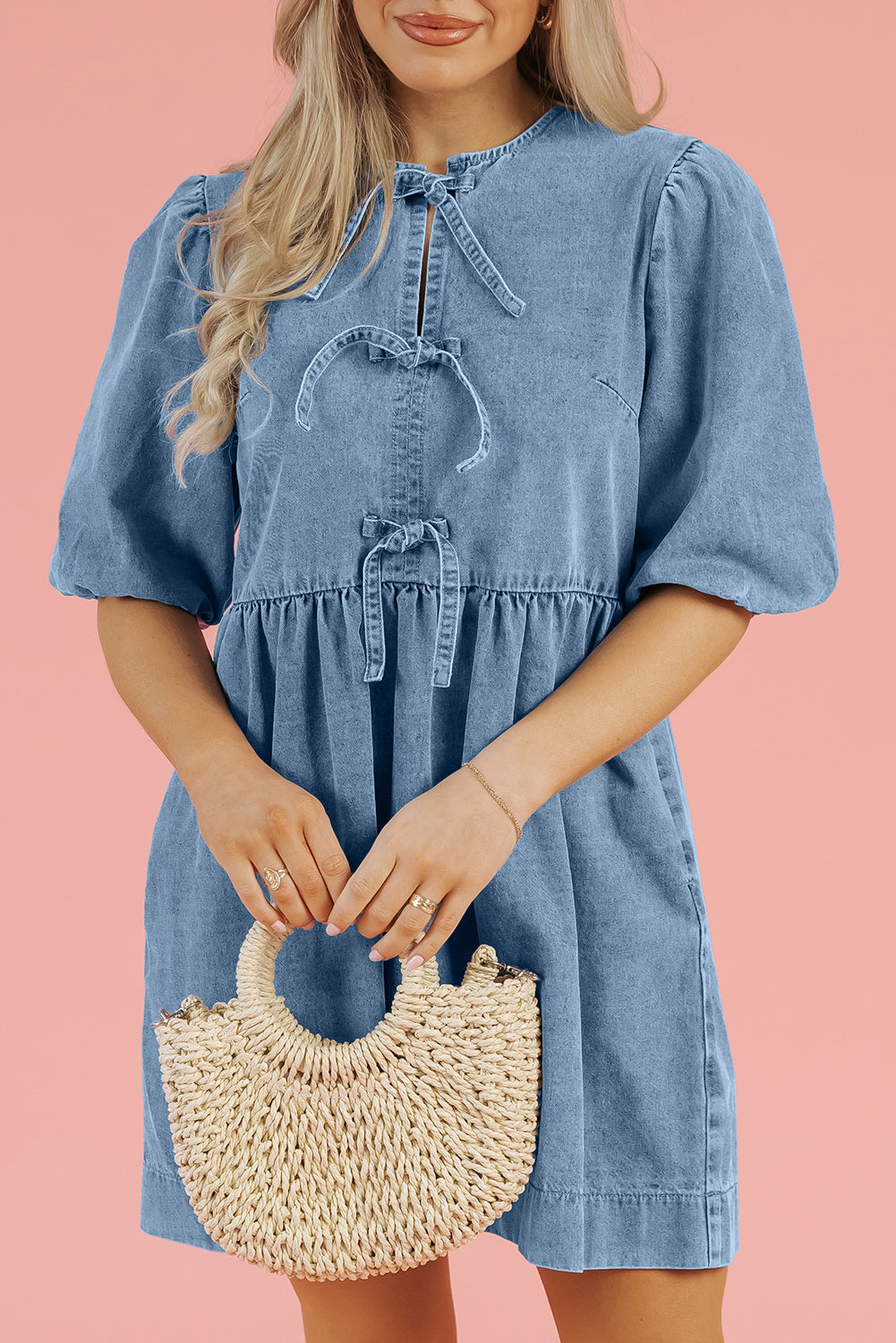 All Mine Bowknot Bubble Sleeve Short Denim Dress