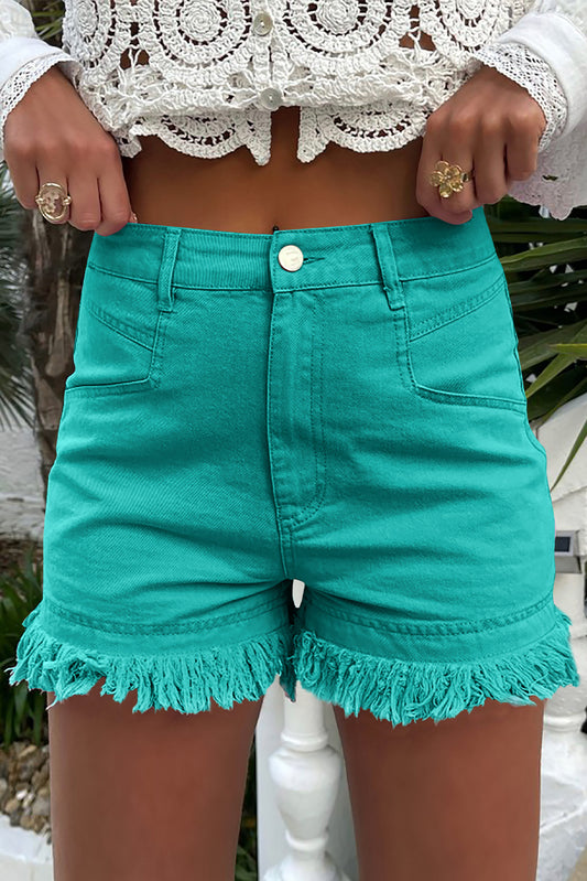 Frayed Edge Mid Rise Denim Shorts, sz. 6-16, two color choices