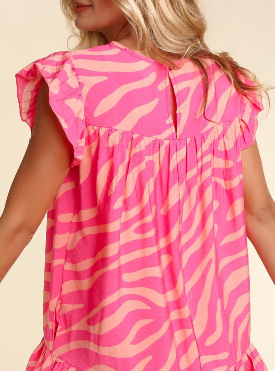 Zebra Stripe Printed Ruffle Trim Pocketed Dress, S-XL