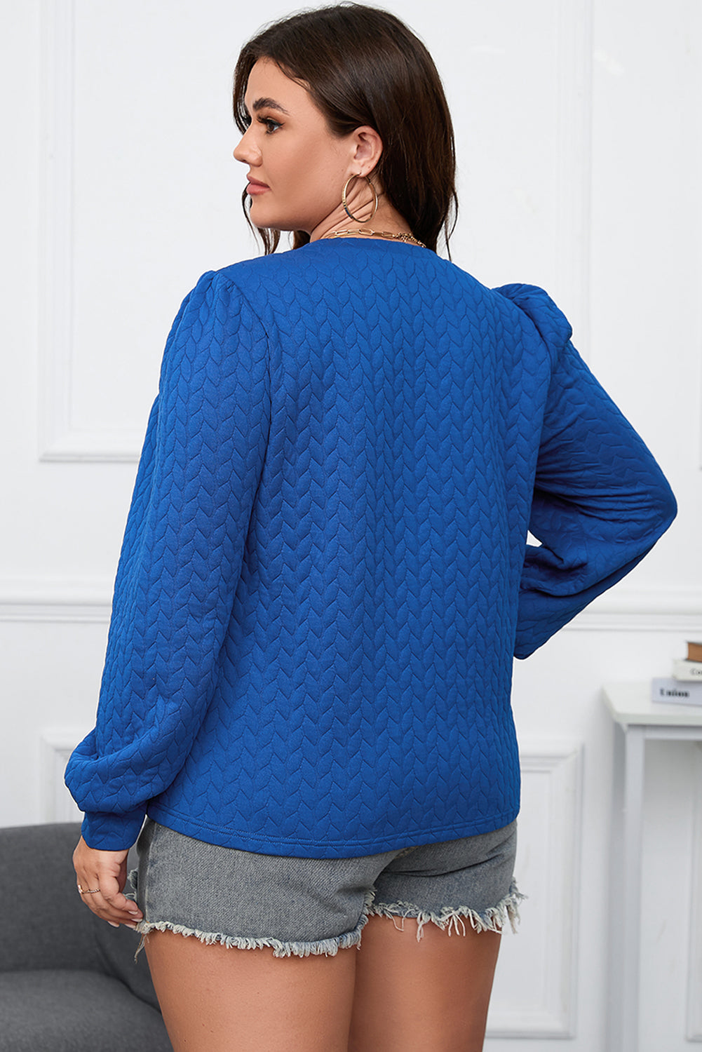 Cable Pattern Puff Sleeve Top, 1XL-3XL