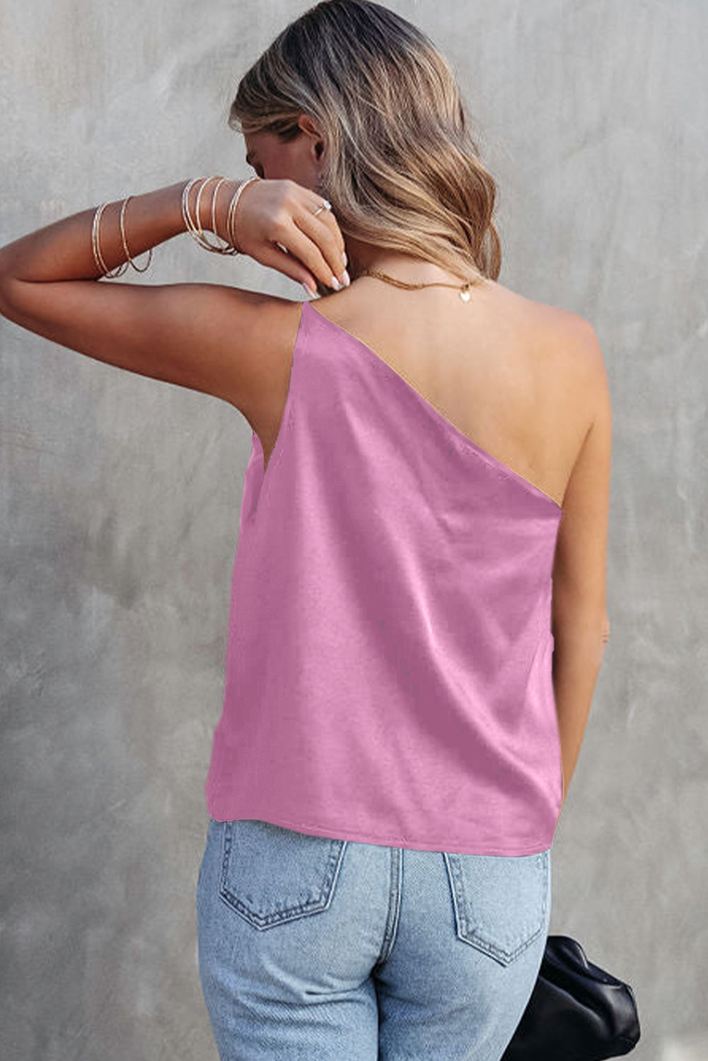 Satin One Shoulder Loose Tank Top, XS-2XL, four color choices