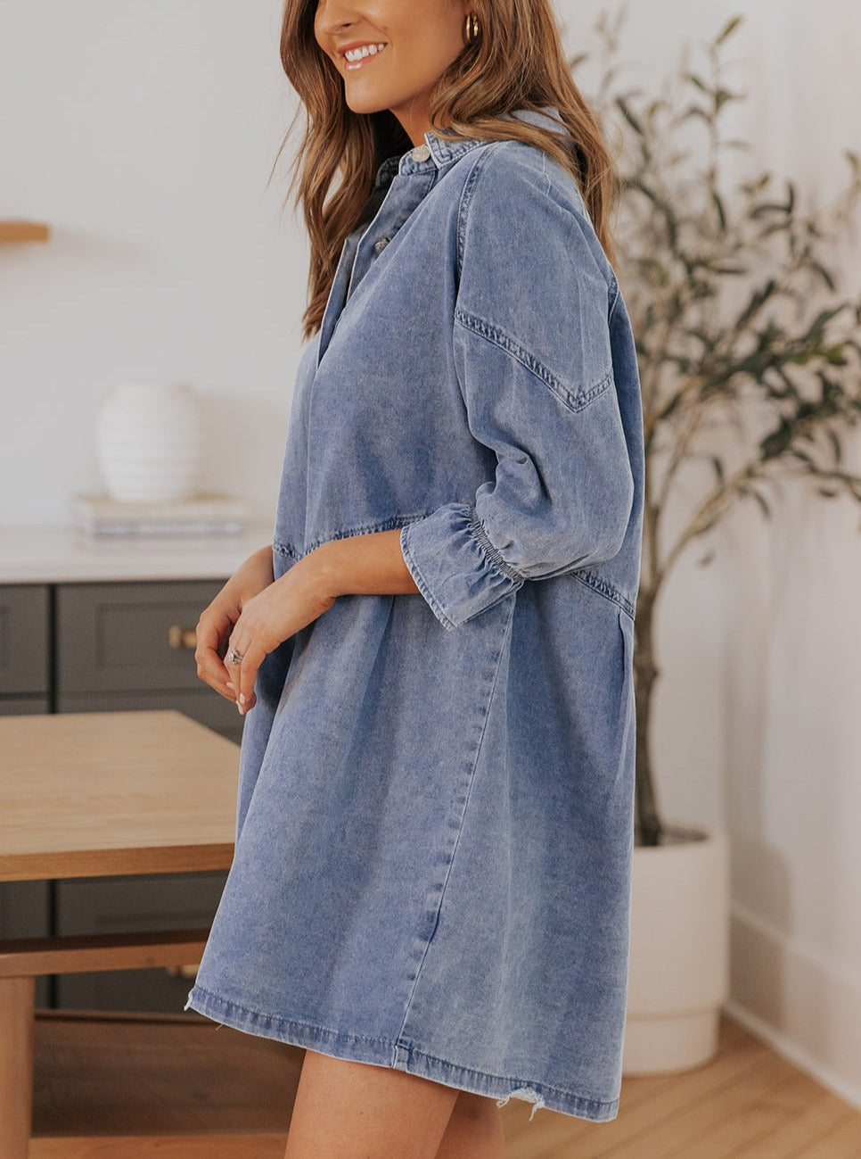 Gray Buttoned Long Sleeve Denim Dress, S-XL