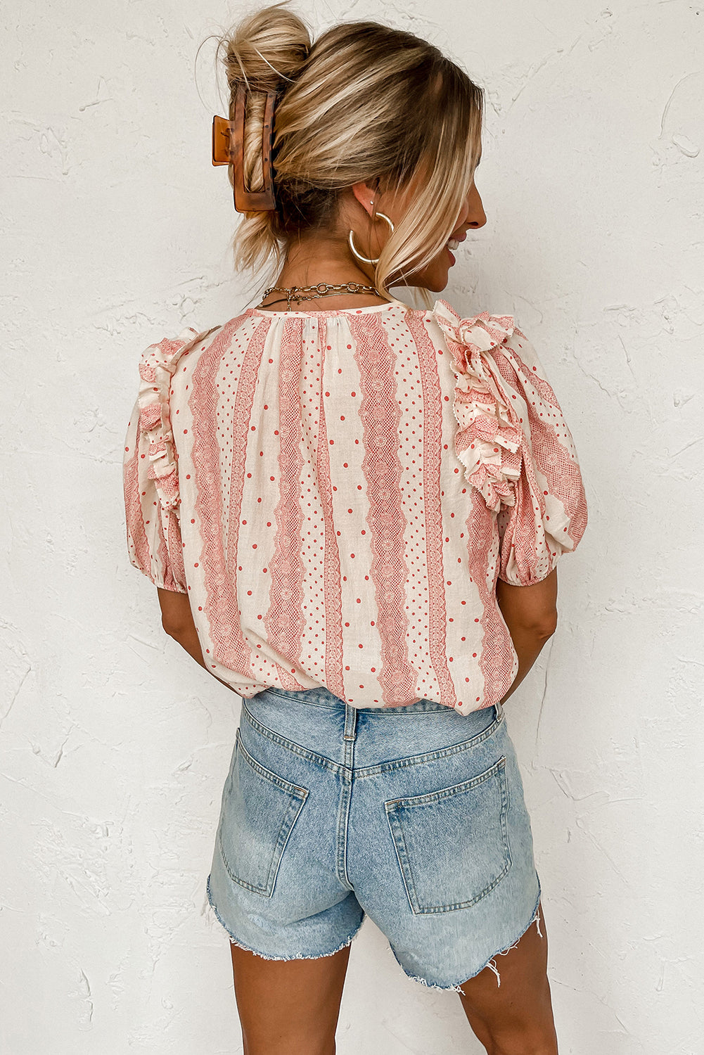 Frilled Short Puff Sleeve Mixed Print Blouse, S-XL