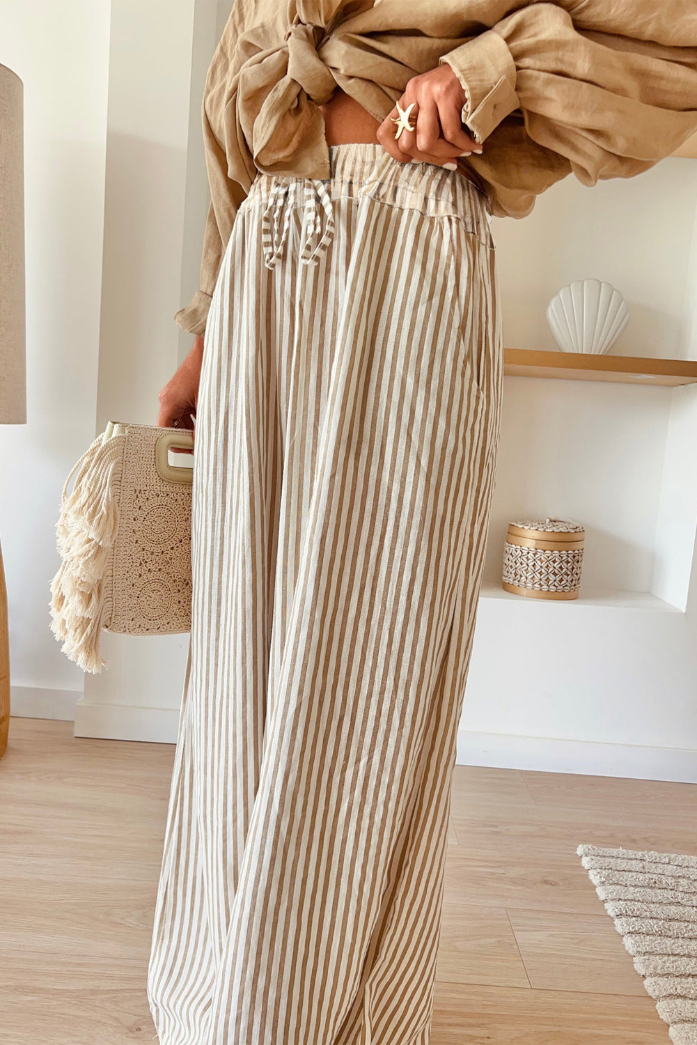 Stripe Print Wide Leg Drawstring Pants, S-XL