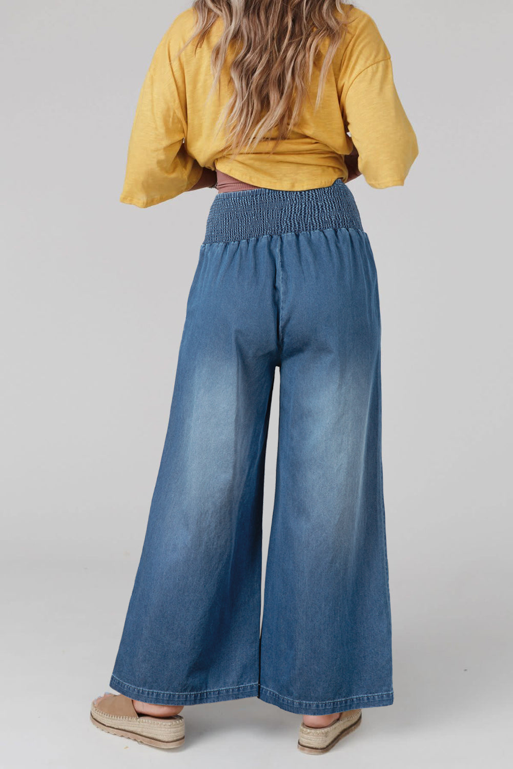 Smocked Waist Wide Leg Jeans, S-2XL