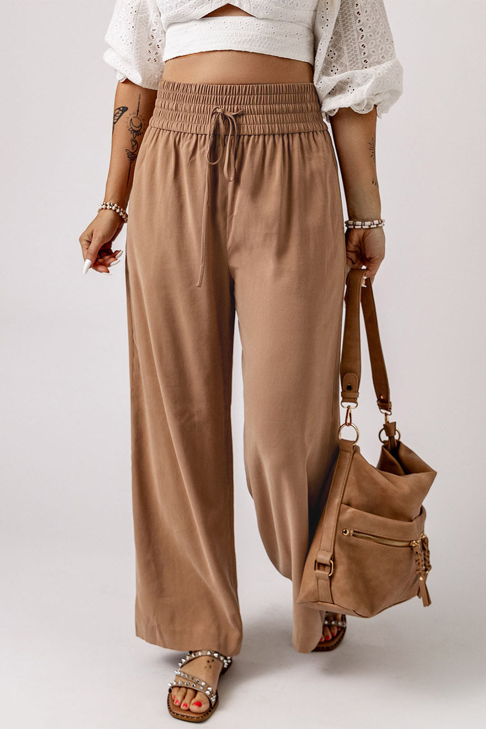 Drawstring Elastic Waist Casual Wide Leg Pants, S-XL, four color choices