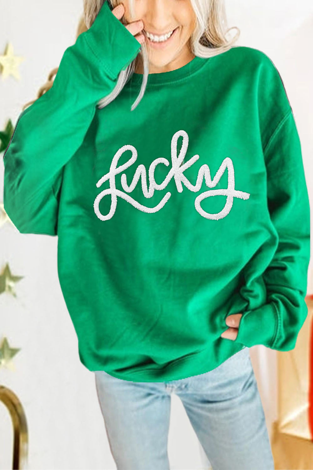 LUCKY Chenille Embroidered Pullover Sweatshirt, S-XL