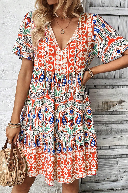 Bohemian Print Tie Neck Ruffle Hem Short Dress, S-XL, two color choices