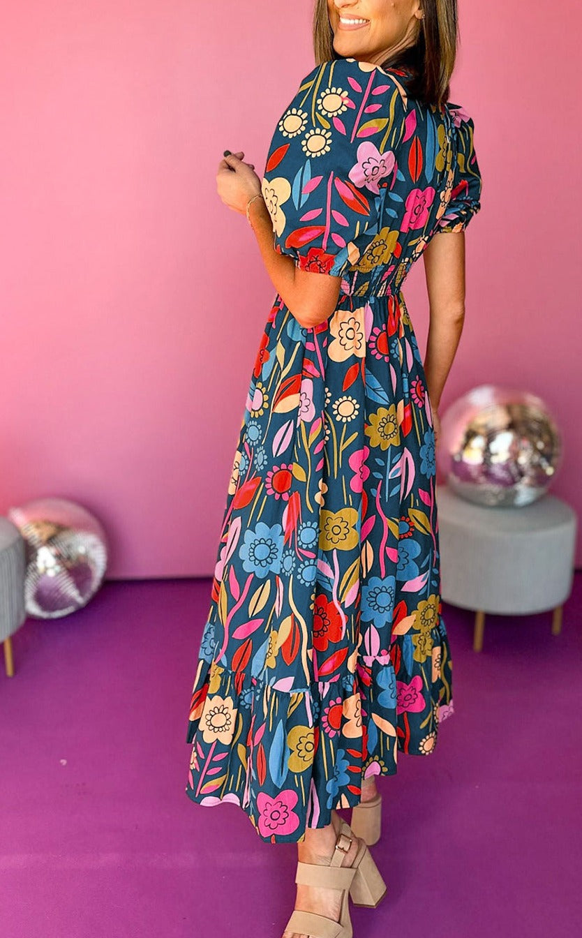 Retro Floral Printed Split Neck Maxi Dress, S-XL