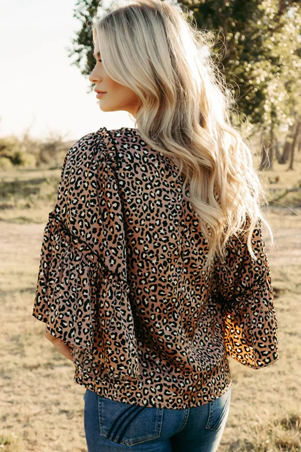 Leopard Print Ruffle Wide Sleeve Blouse, S-XL