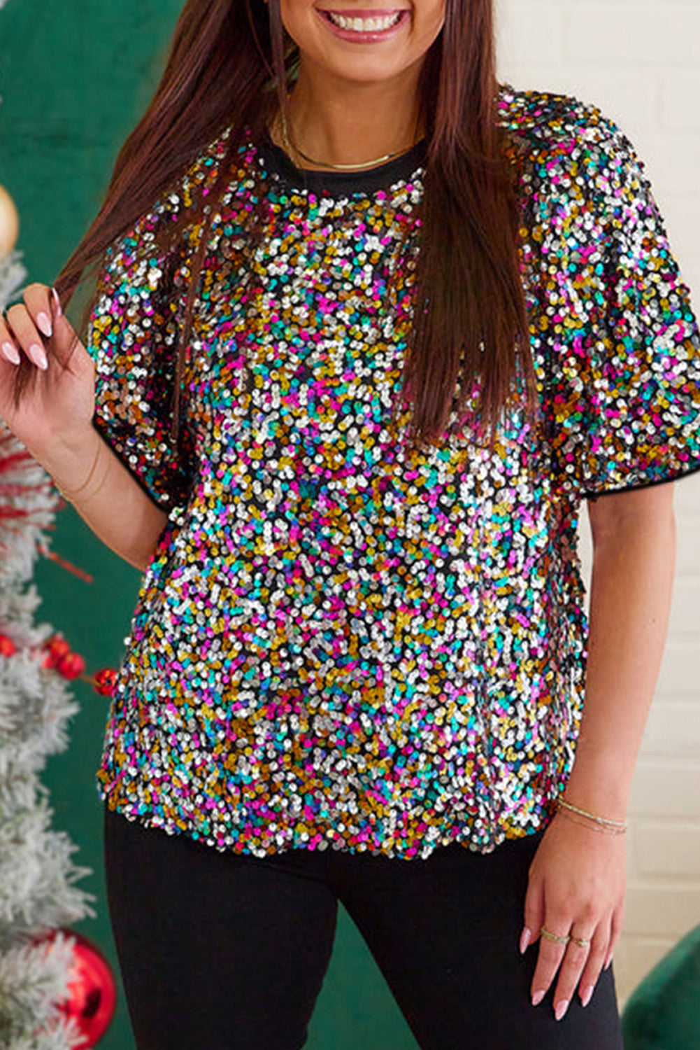 Vibrant Sequin Short Sleeve Top, 1XL-3XL