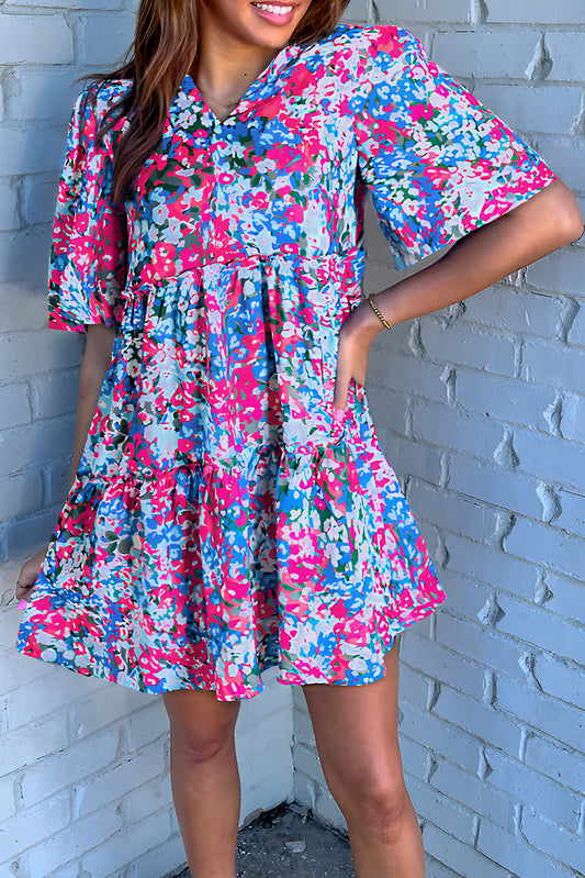 Multicolour Floral Short Sleeve V Neck Tiered Mini Dress, S-XL