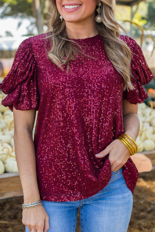 Sequin Short Bubble Sleeve Blouse, S-XL