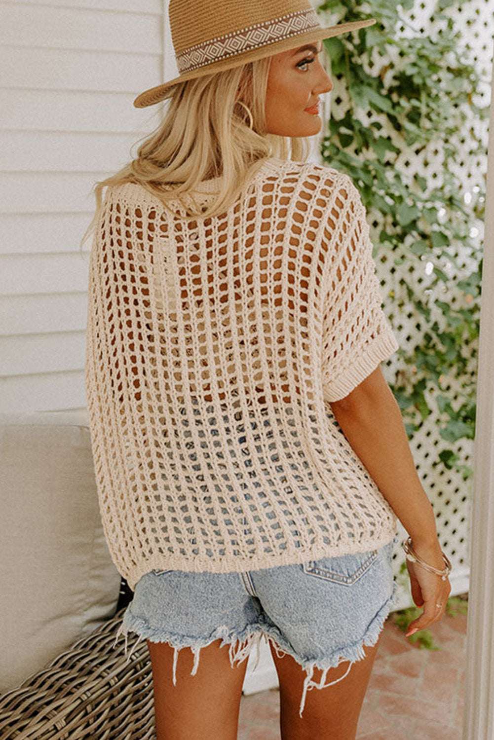 Fishnet Knit Ribbed Round Neck Short Sleeve Sweater Tee, S-3XL, Several color choices!