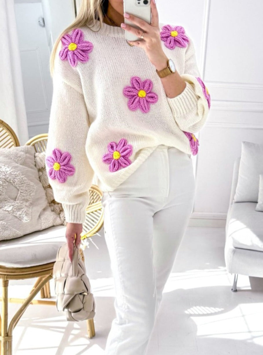 Floral Crochet Chunky Knit Sweater, S-XL