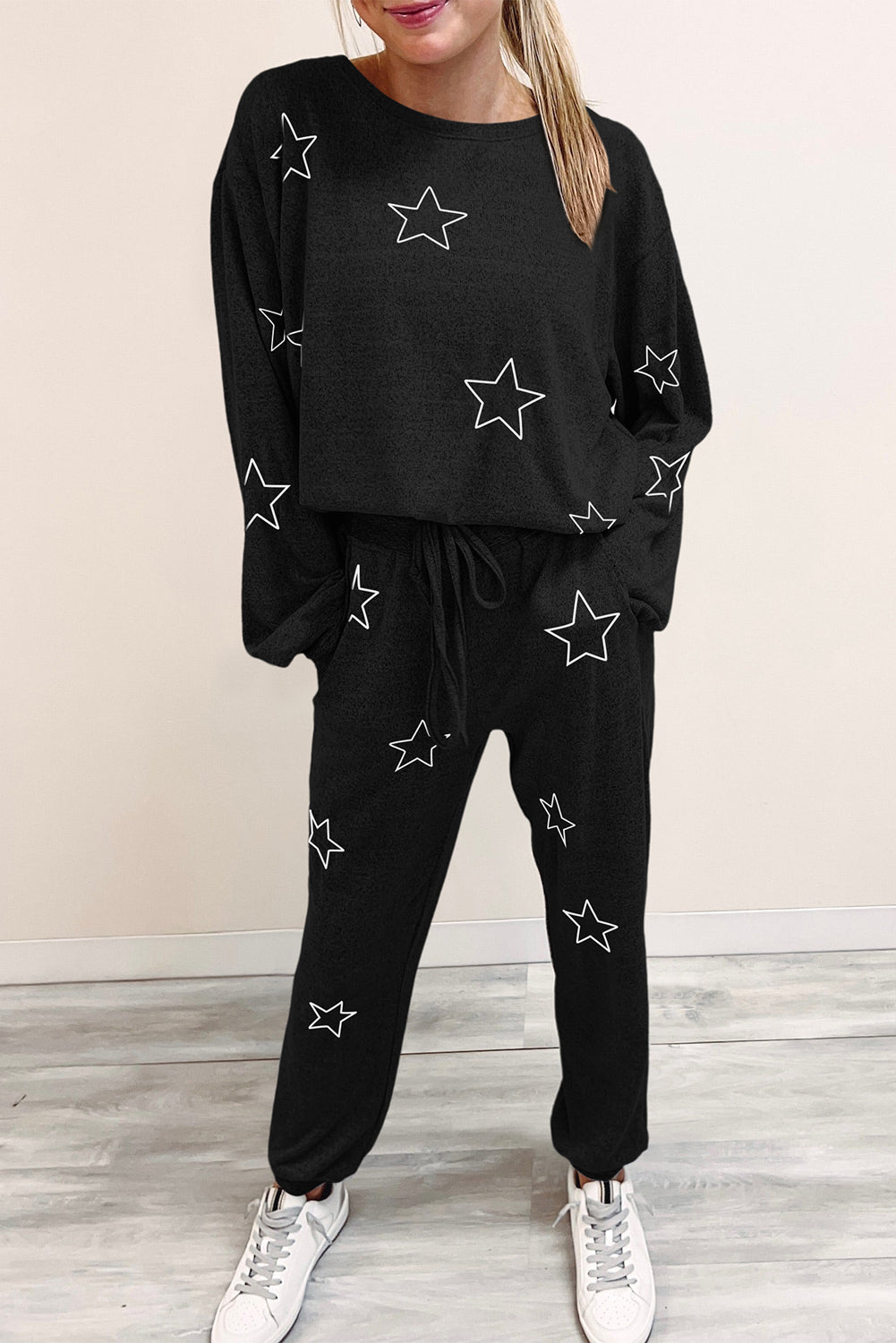 Star Print Long Sleeve Drawstring High Waist Lounge Set, S-XL, two color choices