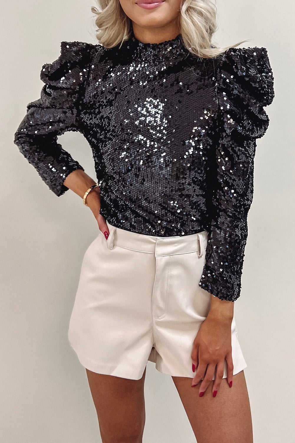 Sequin Mock Neck Bubble Sleeve Top, S-XL