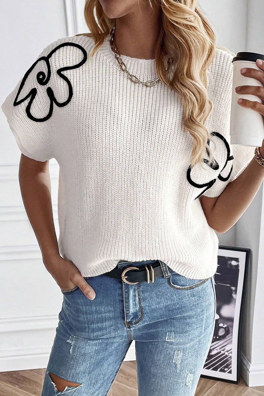 White Flower Embroidery Sweater Tee, S-XL