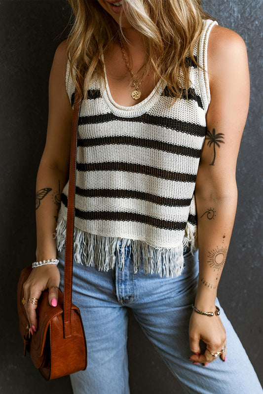 Beige Stripe Loose Knit Fringe Tank Top, S-2XL