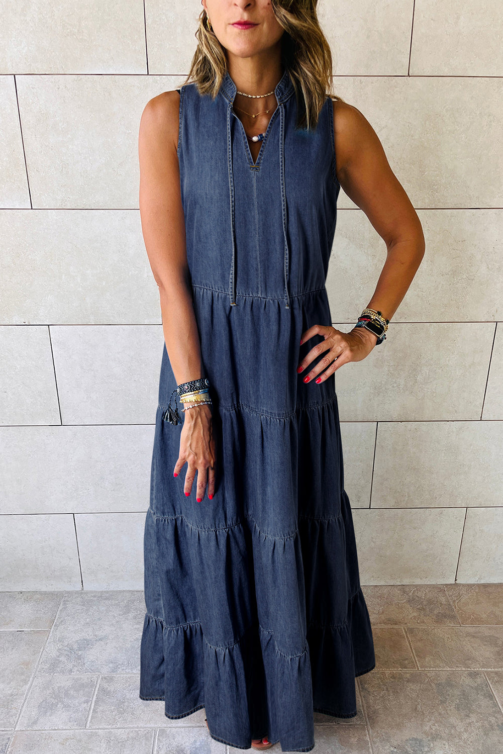 Sleeveless Tiered Chambray Maxi Dress, S-2XL, two color choices