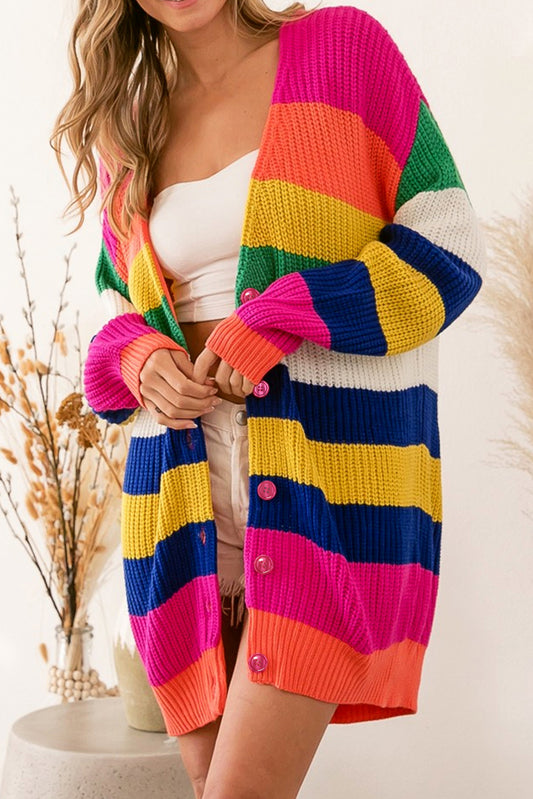 Multicolor Striped Print Longline Cardigan, S-XL