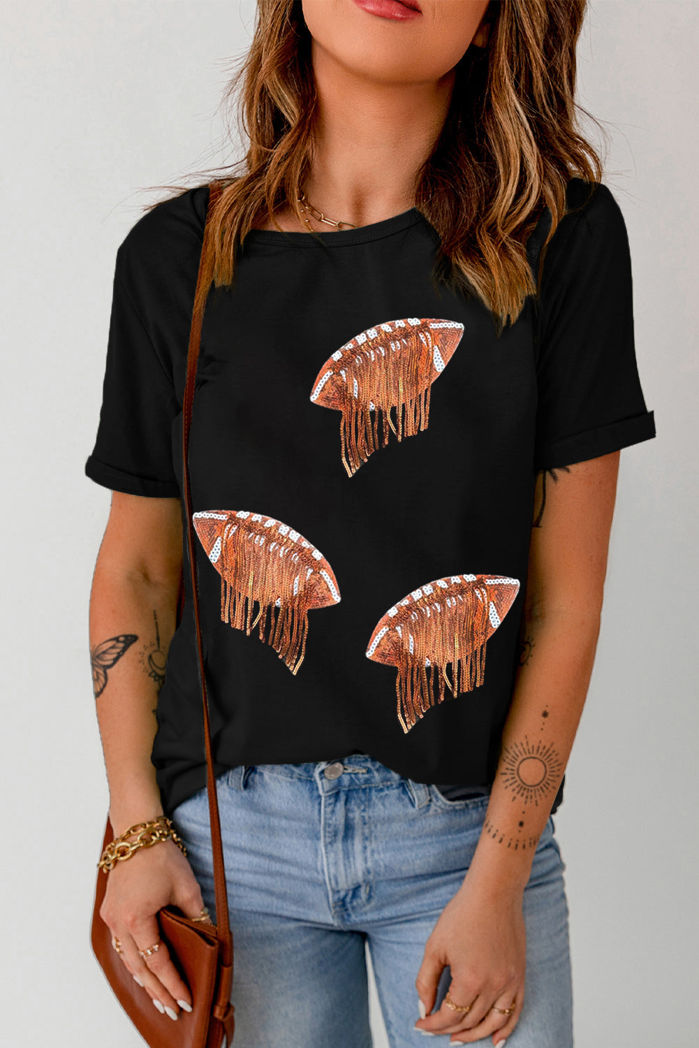 Sequin Fringed Rugby Graphic T Shirt, S-2XL