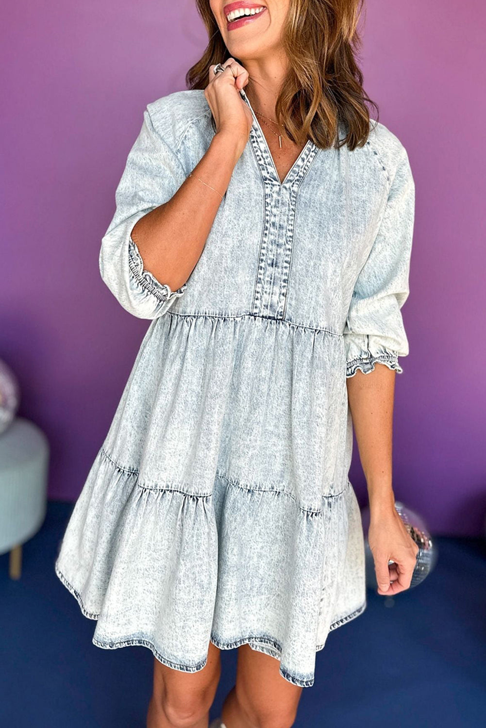 Acid Wash Retro Half Sleeve Flared Denim Dress, S-XL