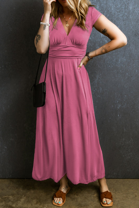 Short Sleeve Shirred High Waist V Neck Maxi Dress, S-2XL