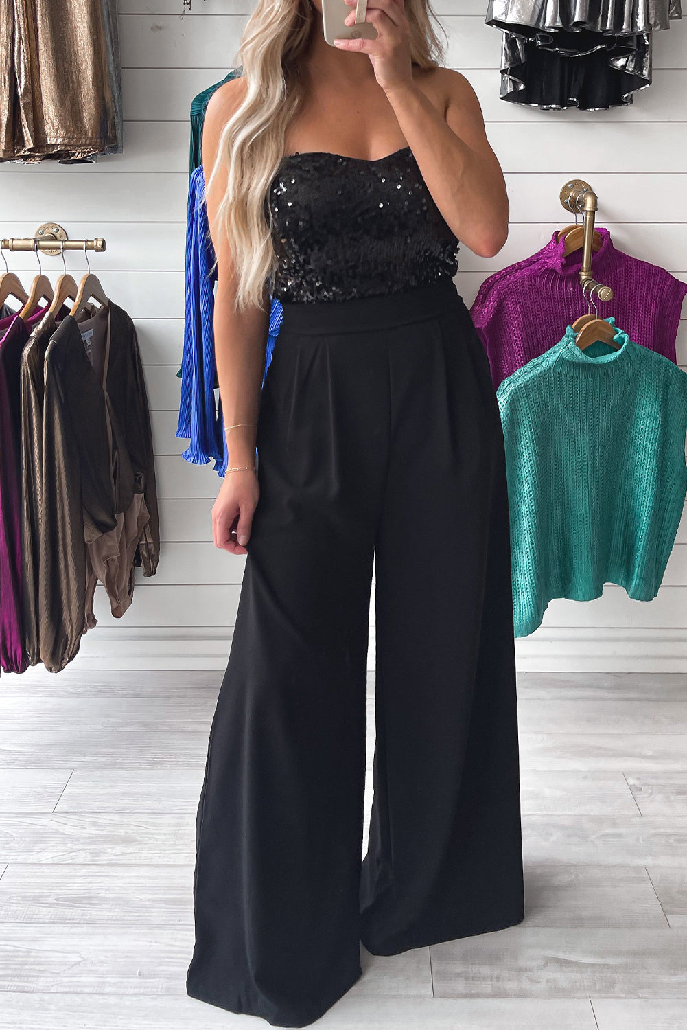 Black Sequin Tube Top Wide Leg Jumpsuit, S-XL