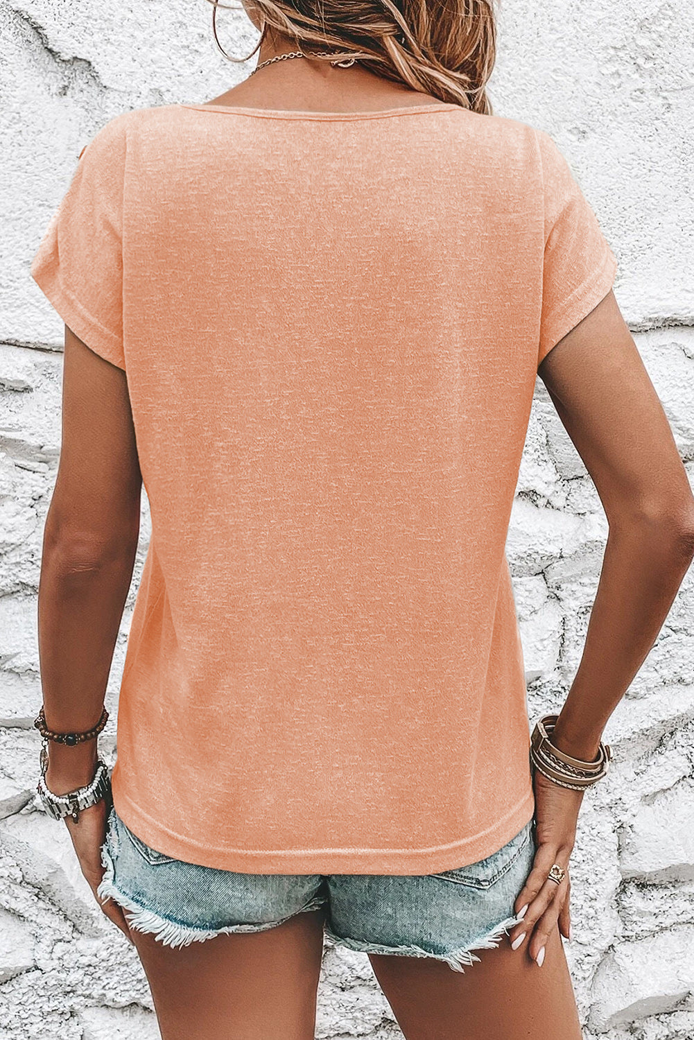 Button Detail Batwing Sleeve Casual Tee, S-XL