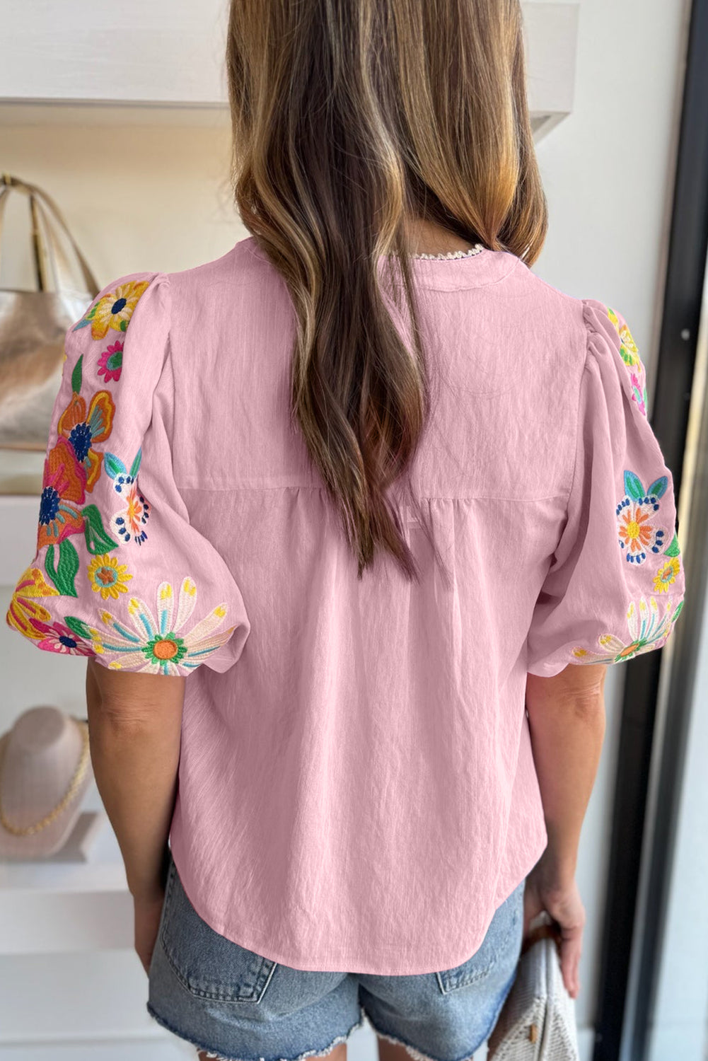 Floral Embroidered Puff Sleeve Split Neck Blouse, S-XL