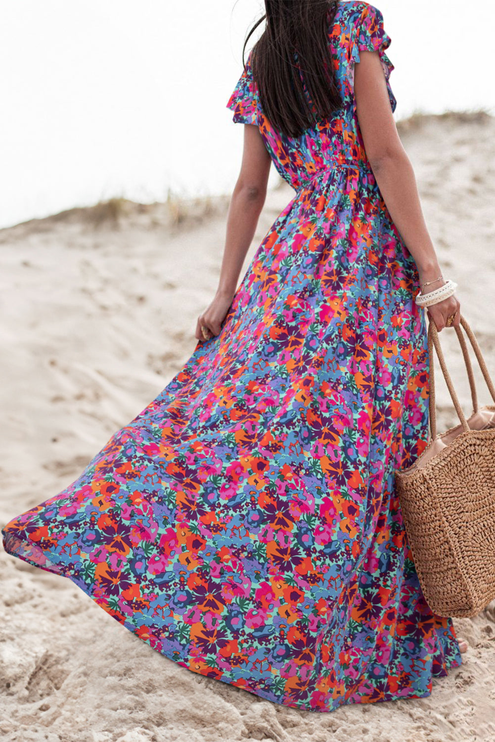 Floral Print V Neck Wrap Split Maxi Dress, S-XL