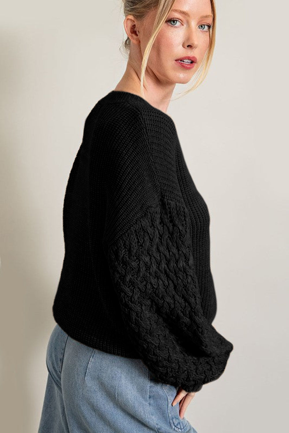 Cable Knit Sleeve Drop Shoulder Sweater, S-XL, two color choices